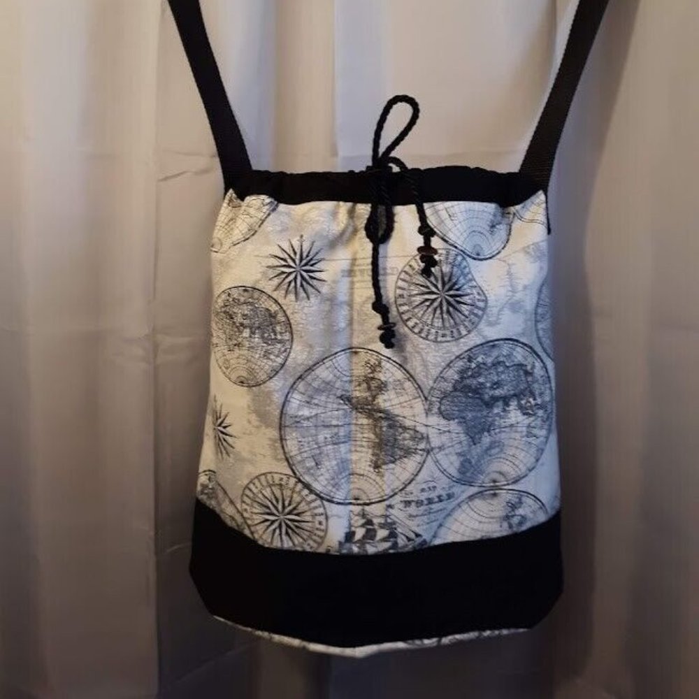 Travel the Globe Bucket Tote Sling Bag Map Print Ivory Black Large Oval carryall